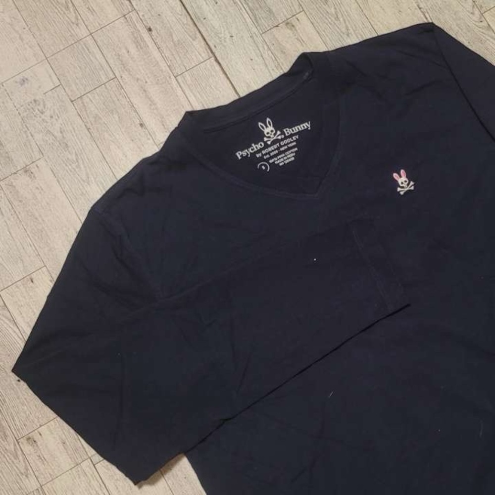Men's Psycho Bunny Navy Long Sleeve Pima Cotton V-Neck Logo Tee Shirt Size 5 / M